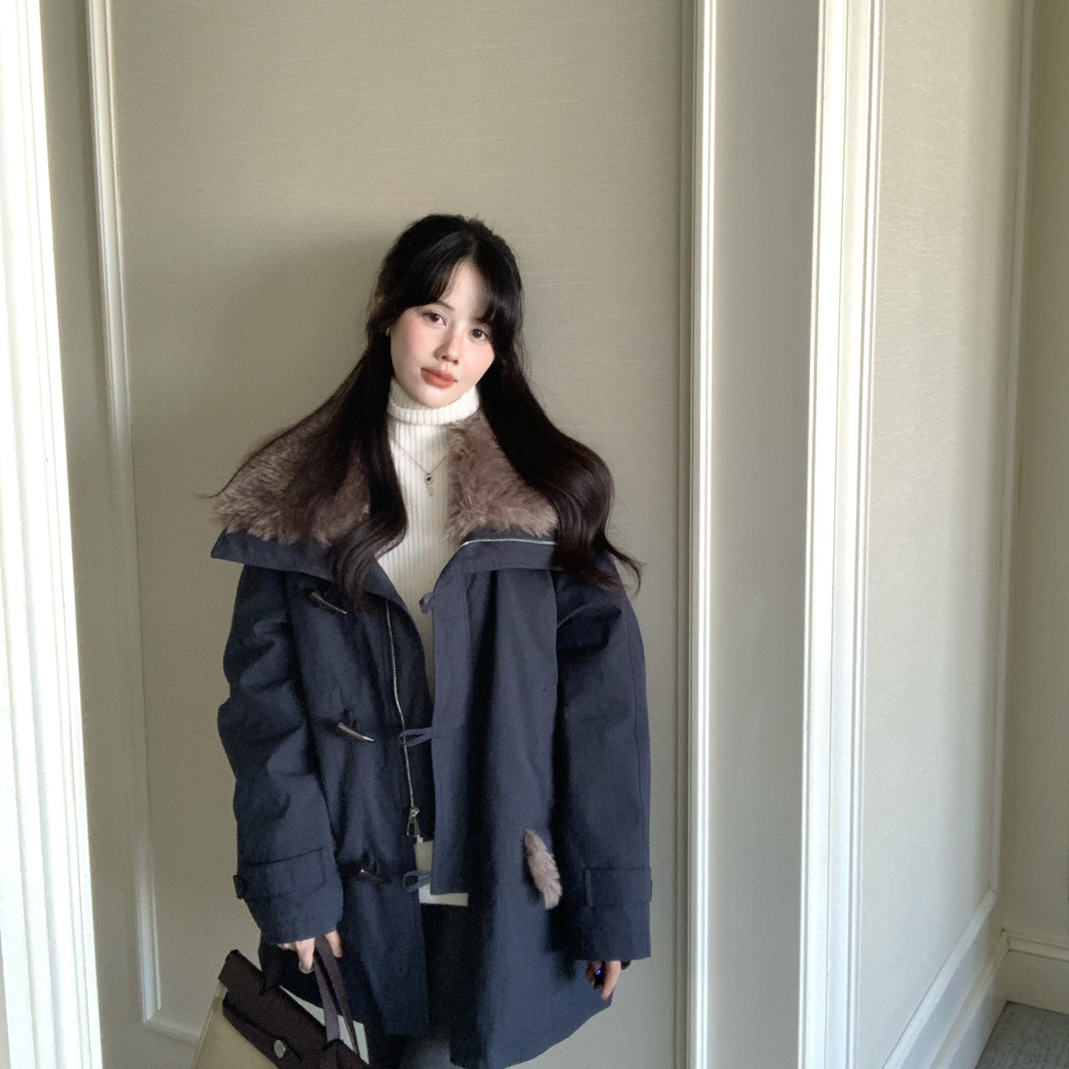 玥儿家羔毛中长款白鸭绒休闲派克服羽绒服(含90白鸭绒)F7826