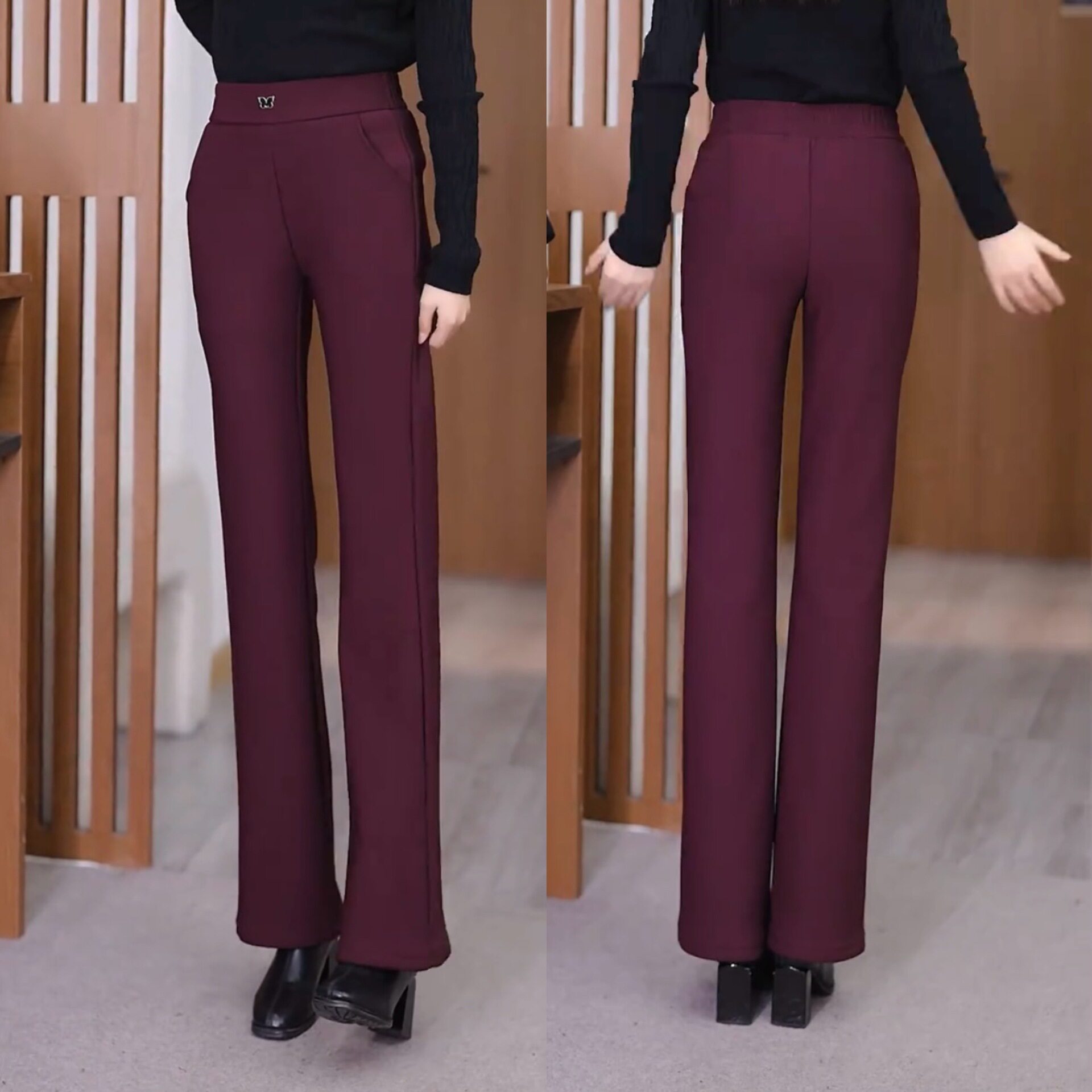 酒红色加绒加厚微喇裤女2025秋冬季新款高腰显瘦长裤休闲喇叭裤子
