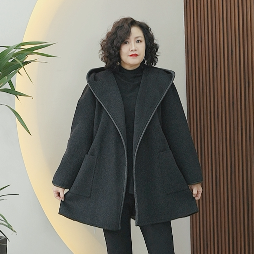 【无扣腰带款】山羊绒+绵羊毛+莱赛尔双面呢大衣女连帽针织毛呢