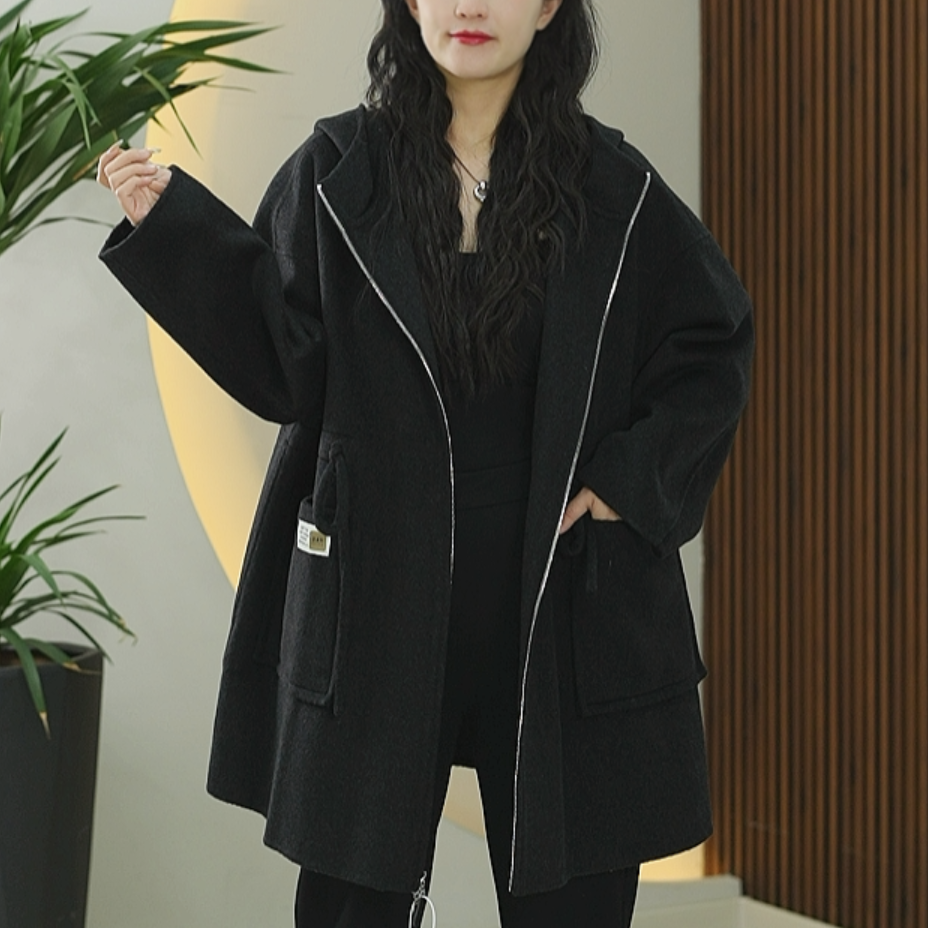 山羊绒双面呢大衣女大码显瘦绵羊毛莱赛尔秋季保暖连帽毛呢外套