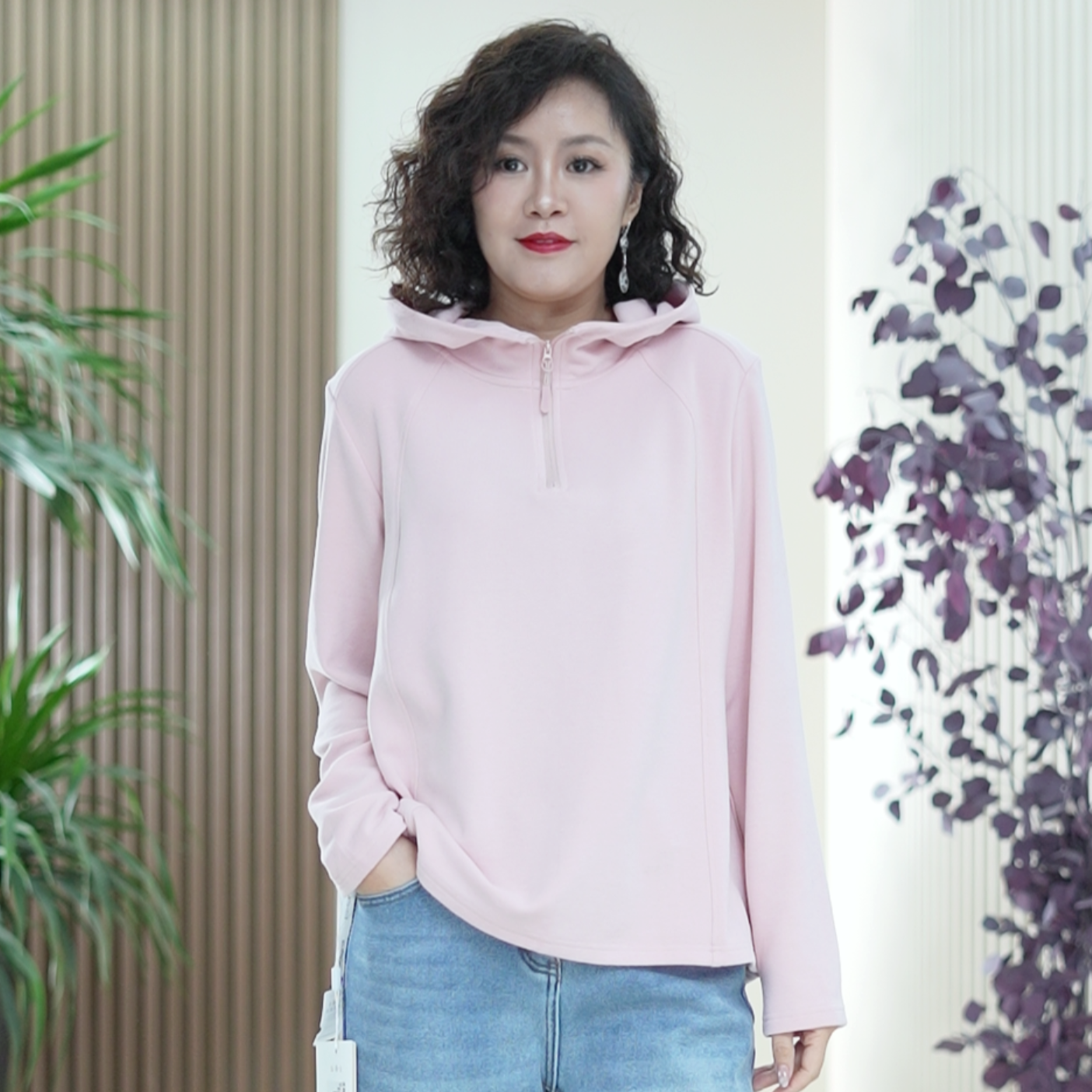 双面膨体真德绒连帽卫衣半拉链大码高弹力保暖百搭冬季帽衫上衣女