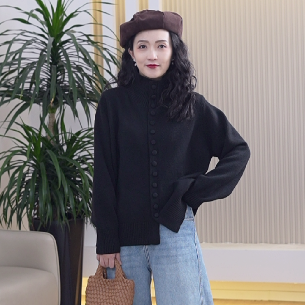 千绒纱针织衫女大码保暖显瘦开衫包扣冬季减龄高领柔软毛衣外搭