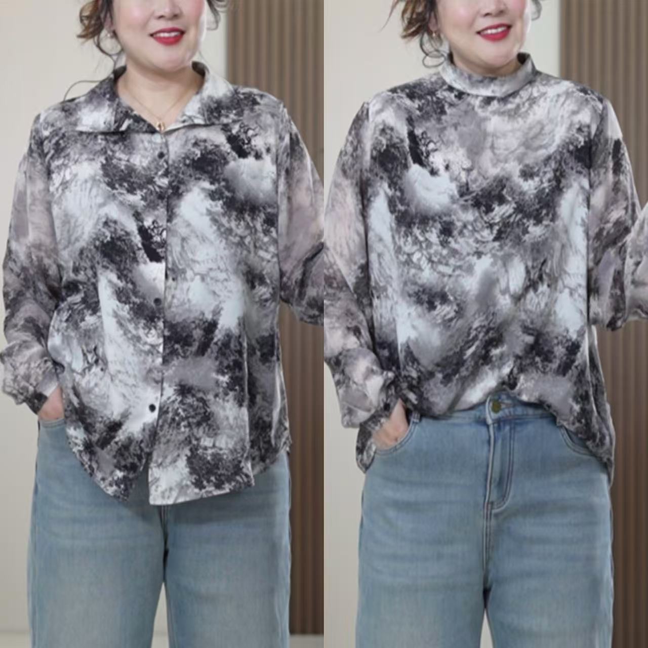 【两面穿】乔其纱大码衬衫拼接弹力缎复古印花港风时尚四季上衣女