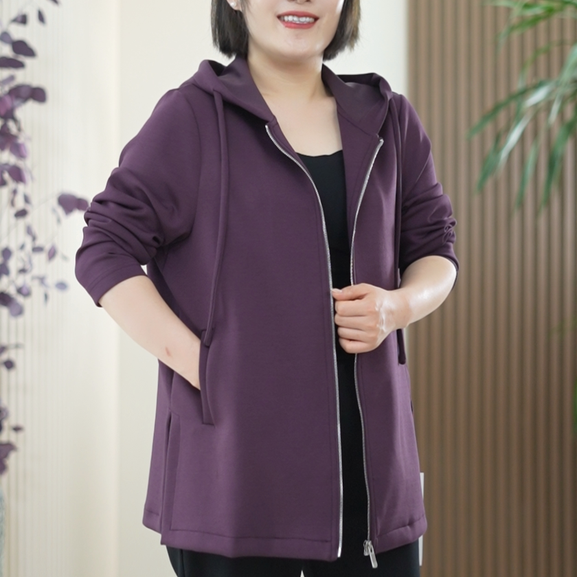 柏拉图骨感肤感中长外套女大码弹力连帽莫代尔春秋季进口棉风衣