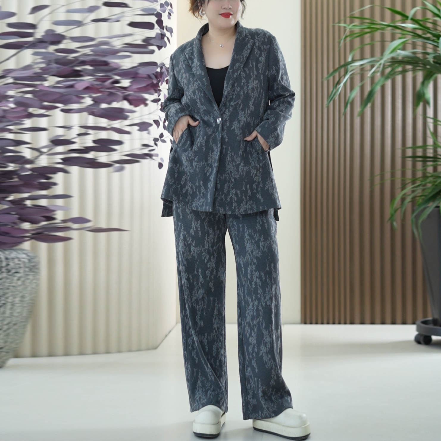醋酸羊毛【套装】女大码显瘦西装暖软腰带西服外套提花秋季长阔腿