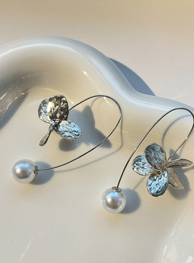 LJW 小众设计植物花卉珍珠耳环耳饰女金属质感长款清冷感简约耳钉