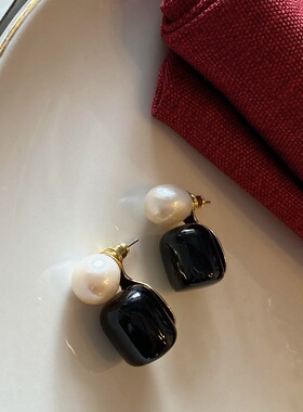 LJW 法式气质简约耳钉女天然巴洛克轻奢小众设计银针黑色耳环独特