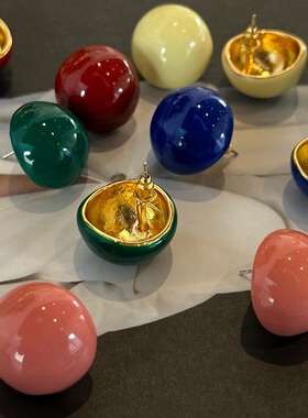 LJW 法式复古百搭糖果色珐琅彩馒头耳钉925银针半球小众设计耳饰