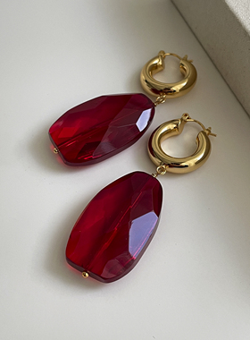 LJW 法式复古超大块红色切面水晶耳坠耳环时髦大气金属夸张耳饰女
