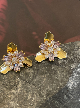 LJW 法式高级鸢尾花金属多层锆石闪亮花瓣金色复古紫色锆石耳环女