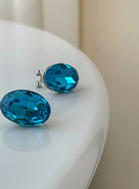 LJW 法式复古简约清新鹅蛋蔚蓝色耳钉耳扣高级感闪耀切割椭圆耳饰