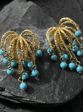 LJW 法式复古重工高级轻奢蓝色松石烟花耳环不规则线条夸张耳饰女