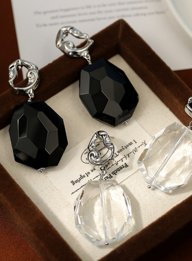 LJW 小众设计感高级超大颗透明黑色水晶夸张耳坠液态肌理感耳环女