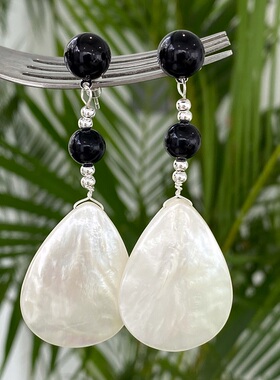 LJW 法式气质新中式天然贝壳黑色长款耳环黑与白手工制作显瘦耳钉