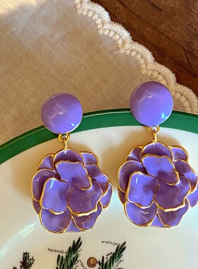 LJW 法式复古珐琅彩工艺花朵耳钉小香风粉紫色vintage夸张耳坠女