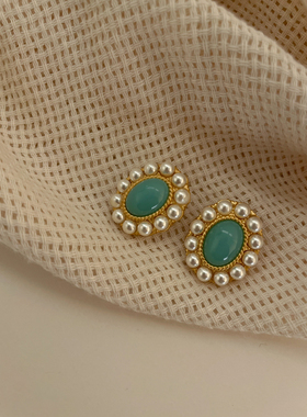 LJW 法式复古蓝色多瑙河椭圆耳钉港风绿蓝色大气高级气质耳环耳饰