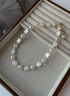 倪妮同款贝壳白猫珍珠项链