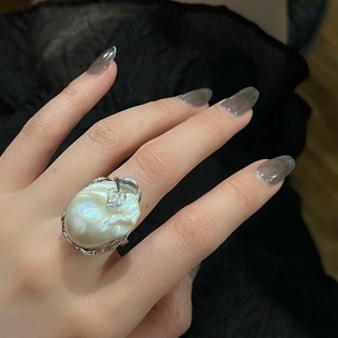 LJW 小众设计天然淡水大巴洛克珍珠树叶拖开口戒简约百搭ins指环