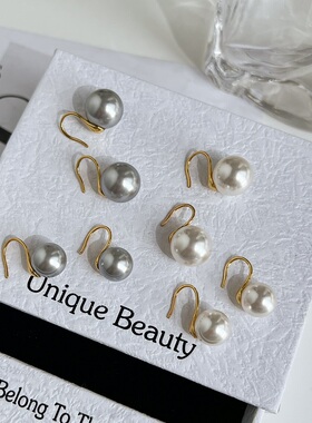 LJW 经典圆真多麻灰色白色高跟鞋耳环施家珍珠S925纯银镀金耳钩