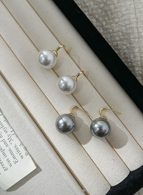 LJW 小众设计16mm真多麻灰色白色珍珠耳环高级感百搭C形耳饰耳钩