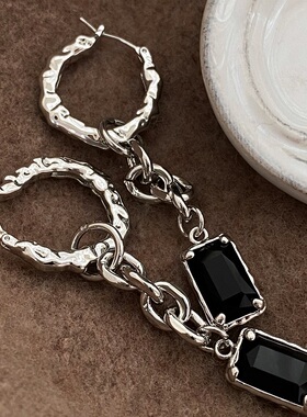 LJW 欧美冷淡风设计感轻奢不规则小方黑色皓石耳环简约可拆卸耳钉