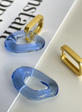 LJW 欧美小众设计透蓝色琉璃大气黄铜电镀真金不规则耳环几何耳坠