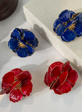 LJW 法式复古立体红色深蓝色珐琅花瓣耳饰夸张小众设计感高级耳钉