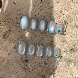 水润爆款白月光蓝色系玻璃珠猫眼美甲甲片穿戴甲可拆卸假指甲