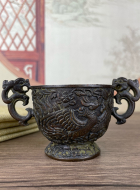 古玩老包浆大明乾隆双凤龙杯包浆醇厚珍品老物件古董收藏礼品