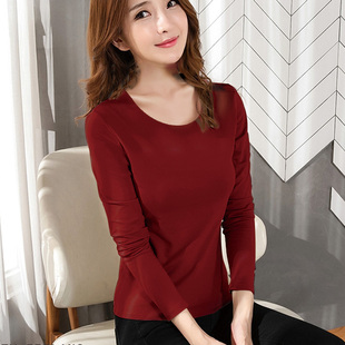 纯色黑色2023年新款 酒红打底衫 纯棉春秋冬薄款 内搭修身 秋衣 女长袖
