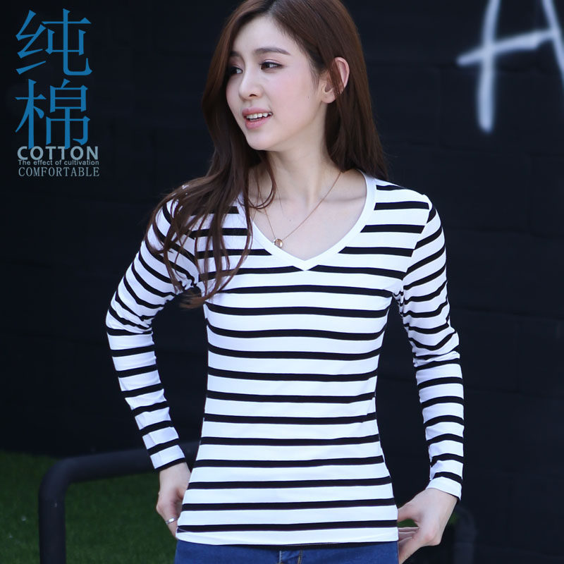新款潮黑白條紋t恤女長袖v領打底衫秋冬純棉質女裝修身顯瘦上衣在類目 女裝/女士精品, T恤中 - 來自Buy2taobao.com提供專業的淘寶代購服務