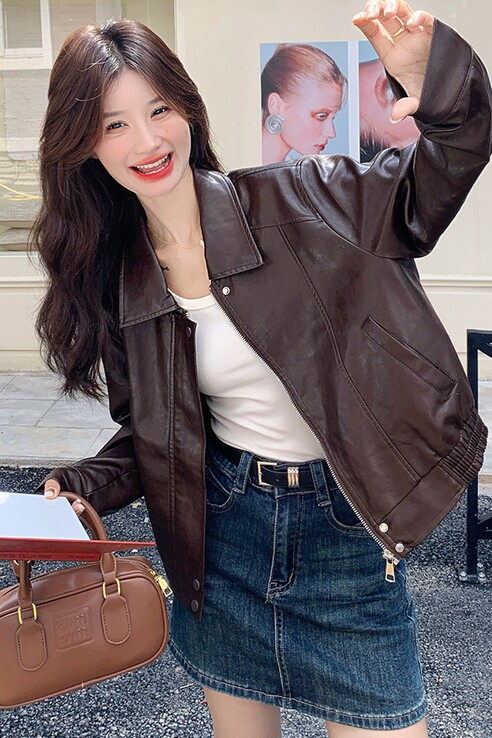 时尚短款咖色翻领皮衣外套女春秋2025新款减龄甜酷风PU夹克设计感,女装皮衣,2C013