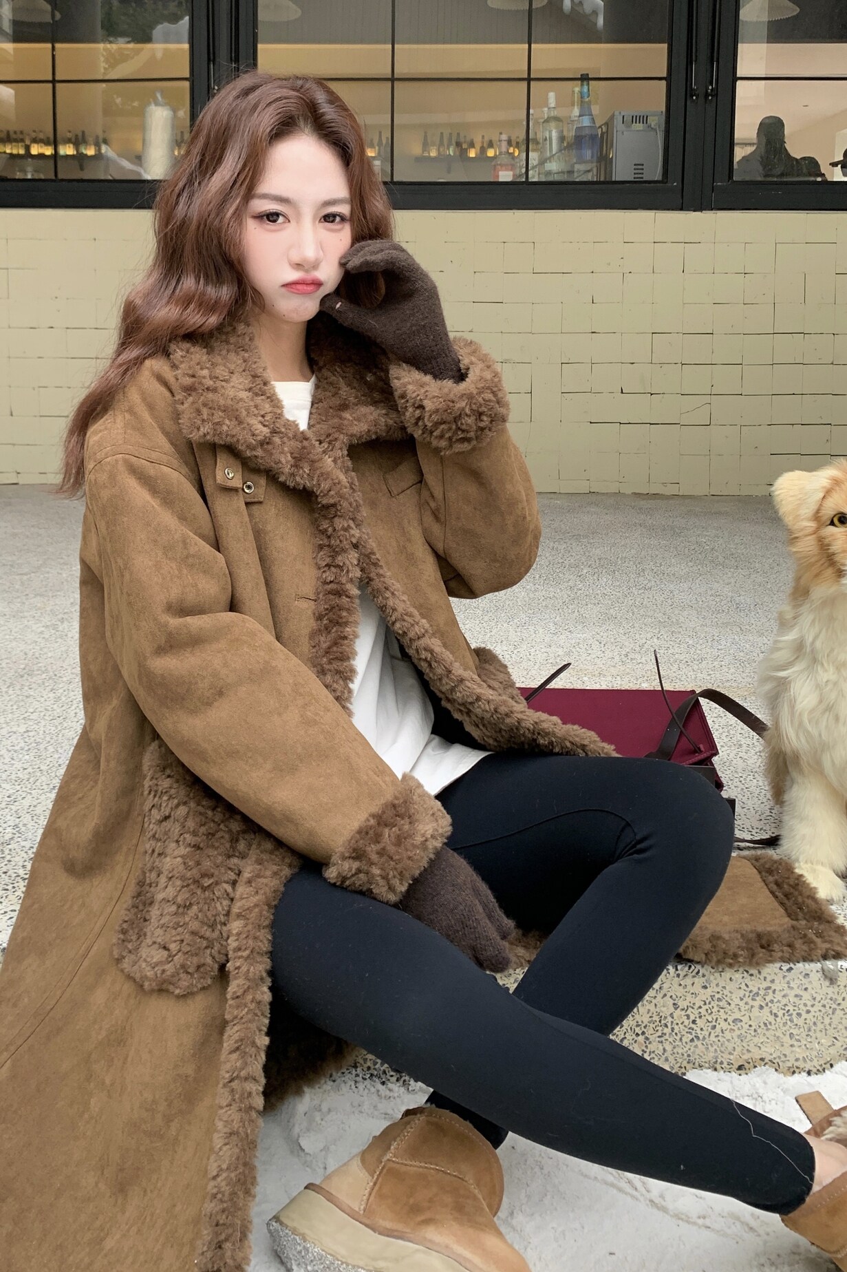 美拉德咖色皮毛一体羊羔毛厚外套女秋冬超火好看加绒派克棉服大衣,女装皮草,2C013