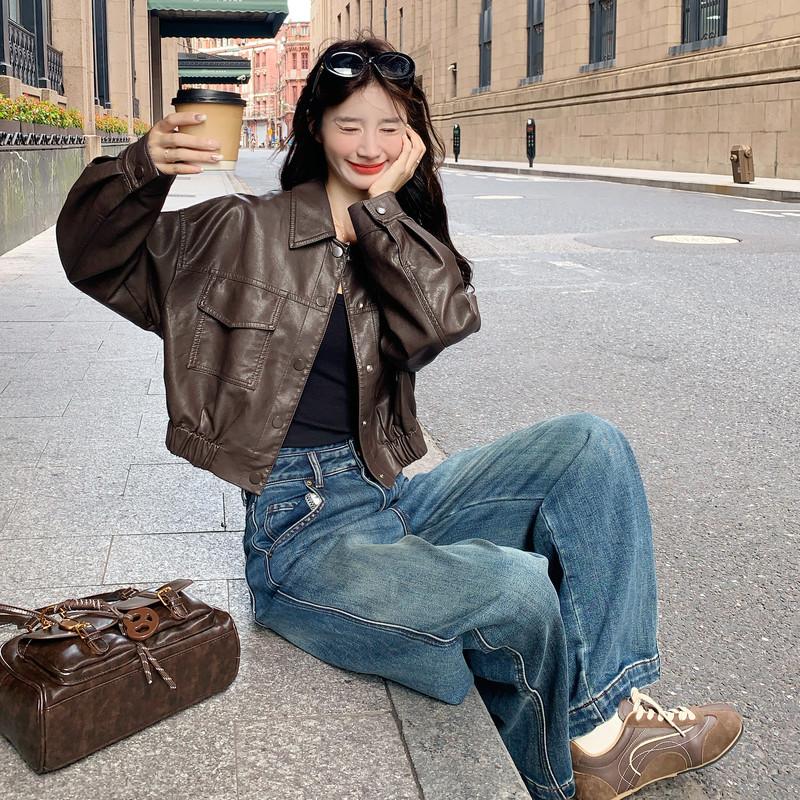 甜酷风翻领短款咖色皮衣外套女春秋2025新款小个子PU机车夹克上衣,女装皮衣,2C013