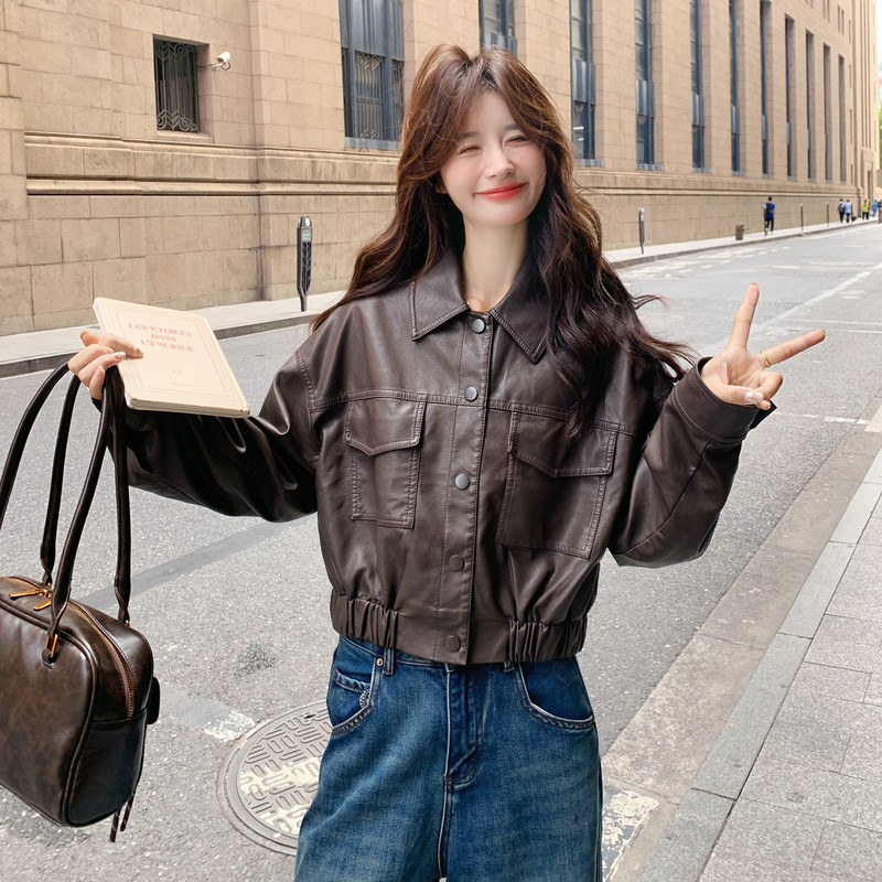 甜酷风翻领短款咖色皮衣外套女春秋2025新款小个子PU机车夹克上衣图片