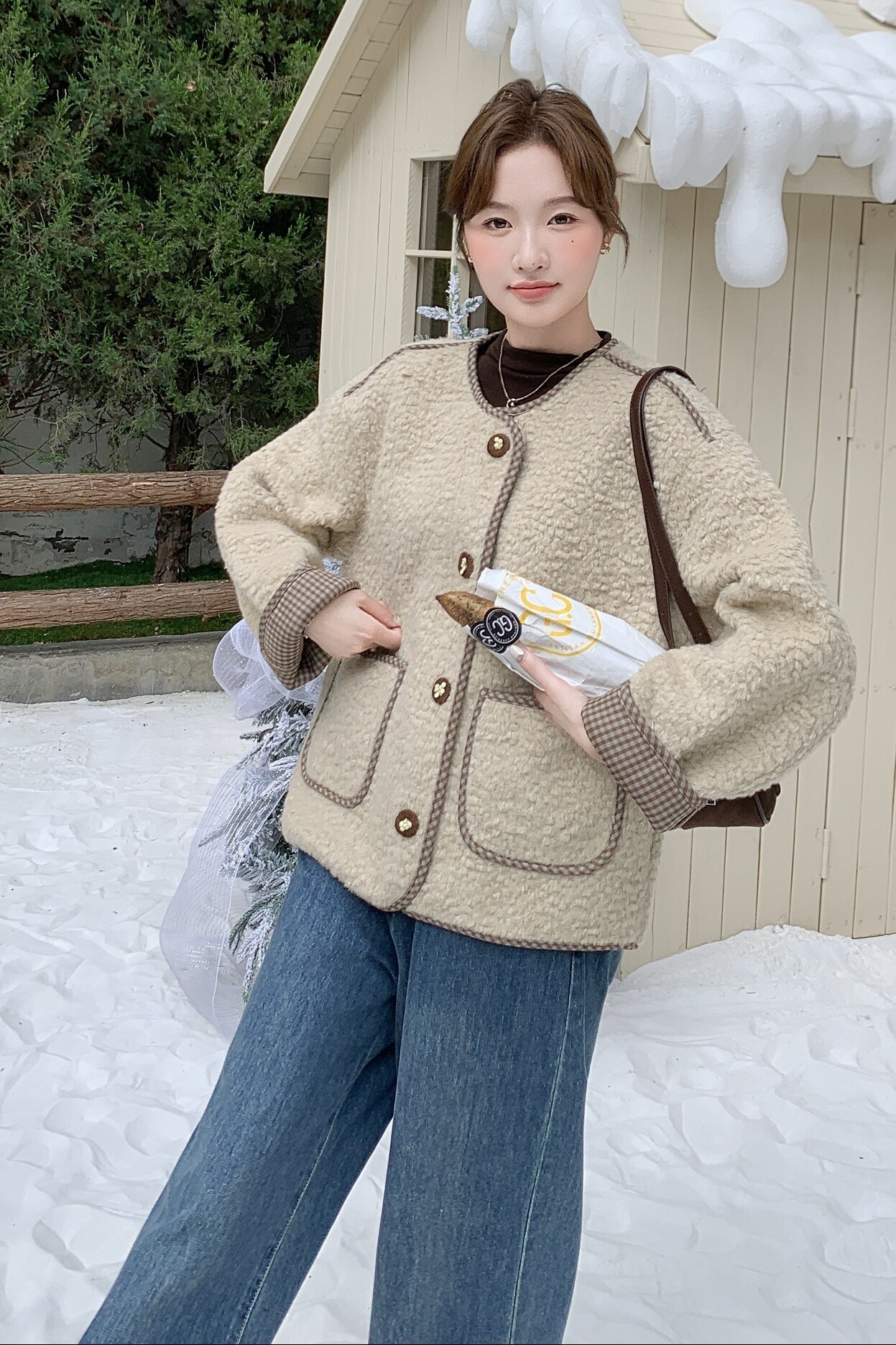 小香风格子拼接皮毛一体羊羔毛外套女秋冬2025新款时髦淡人系棉服,女装短外套,2C013