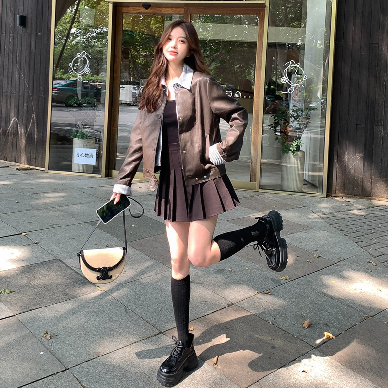条纹衬衫领PU皮衣短外套女2025春秋季新款新款显瘦假两件夹克上衣,女装皮衣,2C013