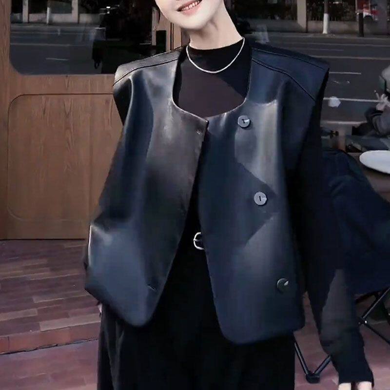 黑色短款皮衣马甲女春秋新款宽松无袖坎肩 叠穿百搭显瘦外套上衣