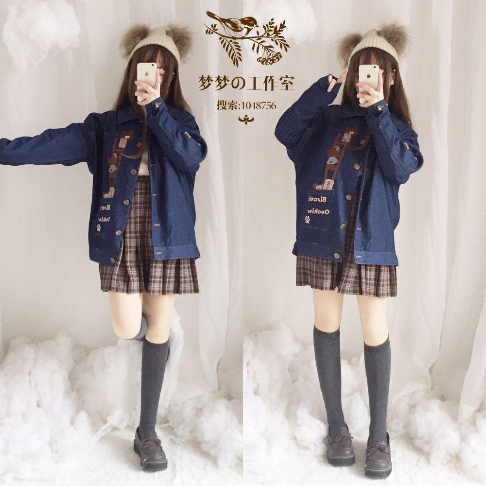 春装日系可爱少女玩味牛仔外套超乖复古饼干搬运小熊牛仔外套