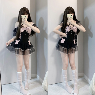 原创心动时刻黑粉波点连体游泳装女氛围感泳衣可爱少女连衣裙