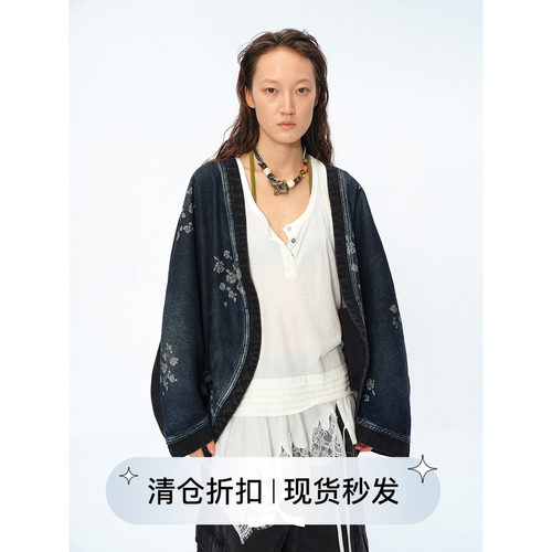 刷蜡设计撞色无扣牛仔外袍外套