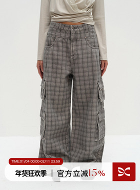 Square Circle 方圆原创设计格纹印花微低裆双腰头时髦牛仔长裤