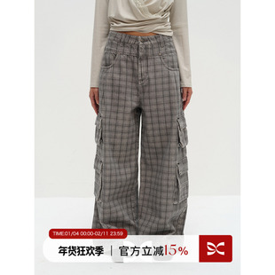 Square Circle 方圆原创设计格纹印花微低裆双腰头时髦牛仔长裤