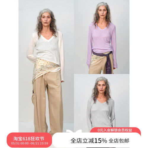 SQUARE CIRCLE 方圆亚麻棉基础V领微透百搭叠穿舒适休闲长袖T恤