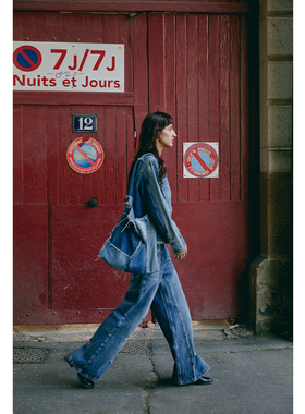 [明星同款] square circle方圆 复古蓝色水洗做旧阔腿宽松牛仔裤