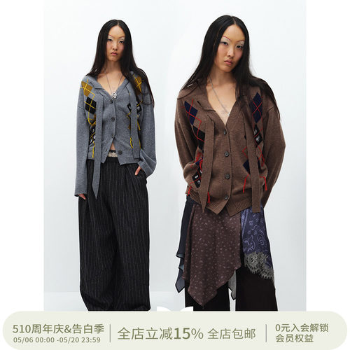 SQUARE CIRCLE 方圆羊毛复古格纹菱格V领穿绳飘带慵懒感毛衣开衫