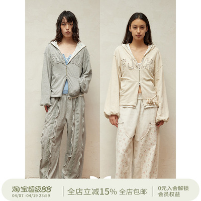 SQUARE CIRCLE方圆毛边贴布字母刺绣碎花拼接蝙蝠袖卫衣外套上衣