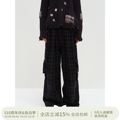 SQUARE CIRCLE 方圆羊毛呢格纹复古褶量感秋冬宽松休闲工装裤长裤
