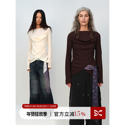 Square Circle 方圆设计感荡领不规则交叠下摆慵懒叠穿长袖T恤