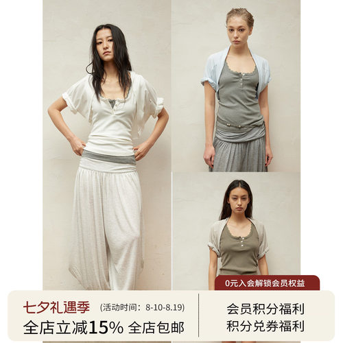 SQUARE CIRCLE 方圆春夏迷你堆堆袖叠穿卷边短袖坎肩休闲短款上衣